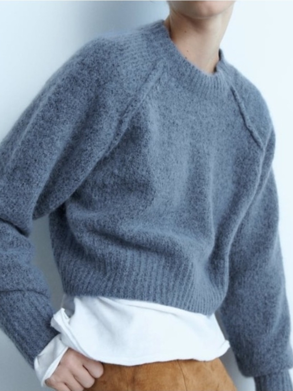 Zara Dusty Blue Cropped Alpaca Wool Soft Crewneck Sweater Medium